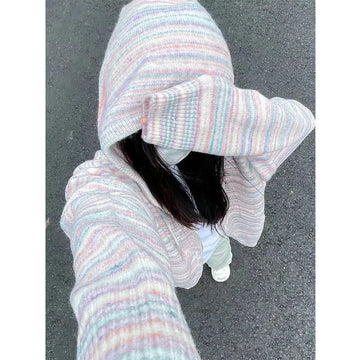Getadme- Y2K Vintage Striped Knitted Cardigan Women Harajuku Hippie Zipper Oversized Sweater Casual Hooded Tops Coats Streetwear